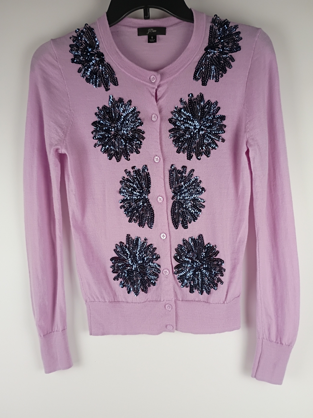 J. Crew Lilac Cardigan with Navy Sequin Floral Embellishments